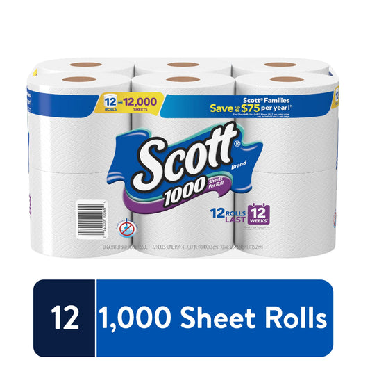Scott 1000 – 1-Ply Toilet Tissue, 12 Rolls
